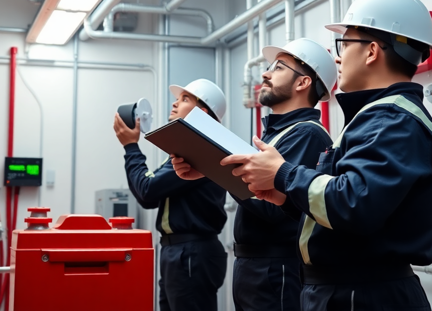 modern security system installation with technicians working on access control and surveillance equipment, professional setting